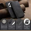 A black leather phone case is shown with various close-up details and feature callouts. Produktbild-Vorschau