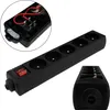 A black power strip with multiple outlets and a red on/off switch is shown from a slightly elevated side angle. A close-up inset shows the internal wiring of the power strip. Náhled obrázku produktu