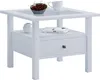 A white side table with a glass top, a drawer, and a shelf is shown against a white background. Produktbild-Vorschau