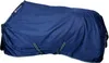 A navy blue horse blanket with green and white trim, laid out on a white background. Produktbild-Vorschau