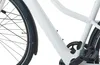 A close-up view of the frame, wheel, and pedals of a white electric bicycle. Produktbild-Vorschau