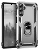 A silver and black rugged phone case with a ring holder, shown next to a smartphone. Produktbild-Vorschau