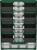 A multi-compartment storage unit with clear and gray drawers, presented against a white background. Produktbild-Vorschau
