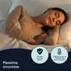 A woman sleeping peacefully in bed, with marketing icons and text overlayed. Anteprima dell’immagine prodotto