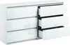 A white, high-gloss dresser with six drawers, three of which are open, shown from a slightly elevated front-side angle against a white background. Produktbild-Vorschau