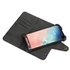 A black and brown wallet-style phone case is open, with a smartphone inside. The phone screen displays the time and date. Produktbild-Vorschau
