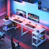 A modern gaming setup with an L-shaped desk, multiple monitors, and LED lighting. Produktbild-Vorschau