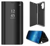 A product shot of a black flip phone case with a clear view front cover, showing a phone screen with the time displayed. The image also includes a separate shot of the case opened and a close-up of the case. Produktbild-Vorschau