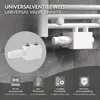 A close-up view of a white universal valve for a radiator, with informational icons and text overlays. Náhľad obrázku produktu