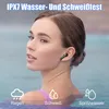A woman in a pool wearing earbuds, with icons indicating water and sweat resistance. Produktbild-Vorschau