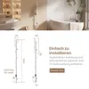 A bathroom scene with a towel warmer, and a diagram showing its dimensions and specifications. Produktbild-Vorschau