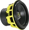 A yellow and black subwoofer is shown against a white background. Voir les images du produit