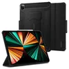 A black iPad case is shown with an iPad inside, displaying a colorful wallpaper. The case is shown in two orientations: one open and standing, and another closed and upright. Podgląd zdjęcia produktu