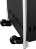 A close-up view of the bottom section of a black and silver heater, showing two black wheels and part of the metal casing with ventilation slots. Produktbild-Vorschau