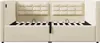 A beige upholstered bed frame with a tufted headboard and visible wooden slats for mattress support. Produktbild-Vorschau
