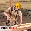 A construction worker wearing a yellow hard hat and safety glasses is using a power drill on a piece of wood. Produktbild-Vorschau