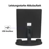 The back of a black makeup mirror with a stand, showing a USB connection port and text indicating its features. Produktbild-Vorschau