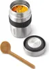 A stainless steel food flask with a black band, filled with soup, and a wooden spoon and lid beside it. Náhled obrázku produktu