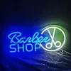 A neon LED sign for a barber shop, with blue text and a white and green barber pole design. Podgląd zdjęcia produktu