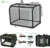 A collage showing a dog crate frame, a folded dog crate, and diagrams illustrating how to assemble the crate. Produktbild-Vorschau