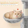 A cat is resting in a hammock attached to a cat tree. There are decorative hearts and text overlays. Podgląd zdjęcia produktu