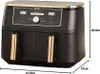 A black and gold Ninja Foodi Max Dual Zone air fryer is shown from the front with dimensions indicated. Produktbild-Vorschau