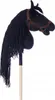 A black hobby horse with a brown bridle and a white marking on its forehead, attached to a wooden stick. Anteprima dell’immagine prodotto