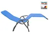 A blue chaise lounge chair with a gray metal frame is shown against a white background. There are two logos in the top right corner. Produktbild-Vorschau