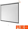 A white projection screen is shown, hanging from a white bar. There are small orange arrows pointing to the top right corner of the screen, indicating a mounting or adjustment feature. Below the screen, there are three orange squares with icons and text. Produktbild-Vorschau