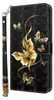 A black flip phone case with a gold butterfly design and a wrist strap. Produktbild-Vorschau