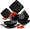 A set of black square dinnerware, including plates and bowls, with a bunch of cherry tomatoes on top of some of the plates. Náhled obrázku produktu