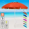 An orange beach umbrella is displayed on a sandy beach with the ocean and sky in the background. Several other colored umbrellas are shown to the right. Produktbild-Vorschau