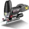 A black and gray cordless jigsaw with a clear base plate and a yellow 'X' marking on a dashed outline of a battery pack. Produktbild-Vorschau
