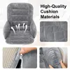 A collage of images showing a gray chair cushion with features highlighted. Produktbild-Vorschau