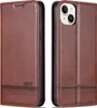 Two views of a brown leather flip phone case for an iPhone 15. Produktbild-Vorschau