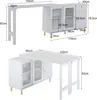 Two views of a white extendable dining table/bar table with a sideboard, showing dimensions. Anteprima dell’immagine prodotto