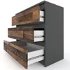 A three-drawer dresser with a gray matte finish and distressed wood drawer fronts, shown with the drawers partially open against a white background. Produktbild-Vorschau