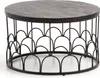 A round coffee table with a dark wood top and a black metal base with a decorative pattern. Produktbild-Vorschau