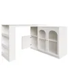 A white desk with a bookshelf on the left and a cabinet with glass doors on the right. Produktbild-Vorschau