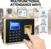 A fingerprint attendance machine is shown in the foreground, with people working in an office setting in the background. Feature callouts are present on the right. Náhled obrázku produktu