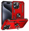 A red protective phone case with a ring holder is shown from multiple angles, with a phone partially visible. Produktbild-Vorschau