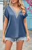 ASKSA Damen T-Shirt Sommer Satin Spitze V-Ausschnitt Produktbild-Vorschau 4
