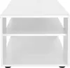 A front view of a white, multi-tiered shelf unit, likely a TV stand or storage unit, against a white background. Podgląd zdjęcia produktu