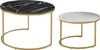 Two round coffee tables with marble-look tops and gold metal frames, one black and white, the other white, against a white background. Produktbild-Vorschau
