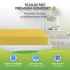 A yellow fitted sheet on a bed, with marketing text and icons below. Produktbild-Vorschau