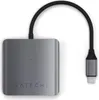 A Satechi USB-C hub with a braided cable and USB-C connector is shown against a white background. Produktbild-Vorschau