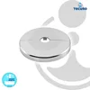 A chrome-plated plastic pipe escutcheon is shown against a white and light gray background with graphic elements. Produktbild-Vorschau