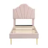 A pink upholstered bed frame with a fan-shaped headboard and gold legs, shown from the front on a white background. Produktbild-Vorschau