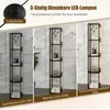 A collage of three images showing a floor lamp with shelves in different lighting conditions. Náhľad obrázku produktu