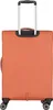 A back view of an orange suitcase with a retractable handle and wheels. Produktbild-Vorschau